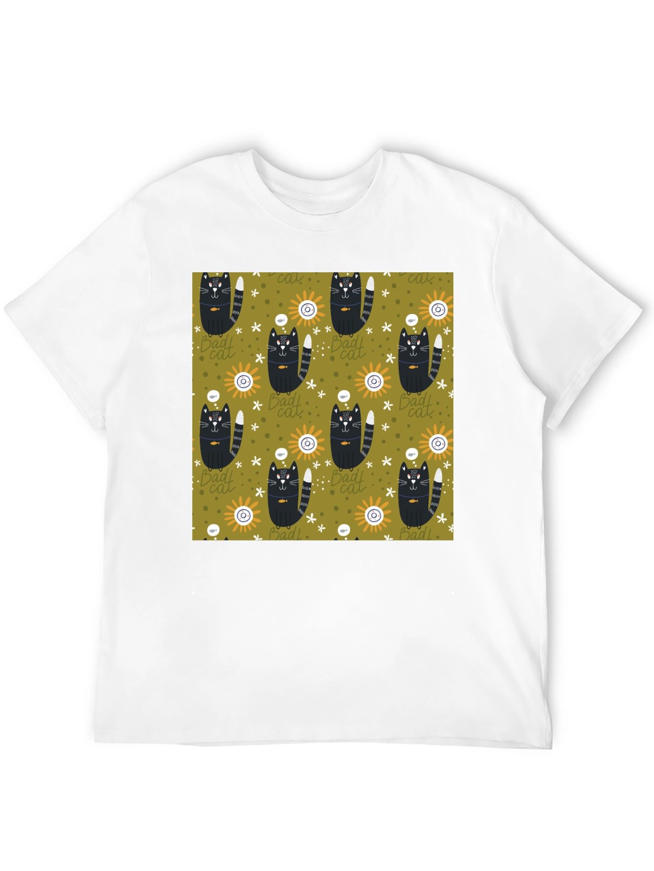 Mens Black T-Shirt with Bad Cats Pattern