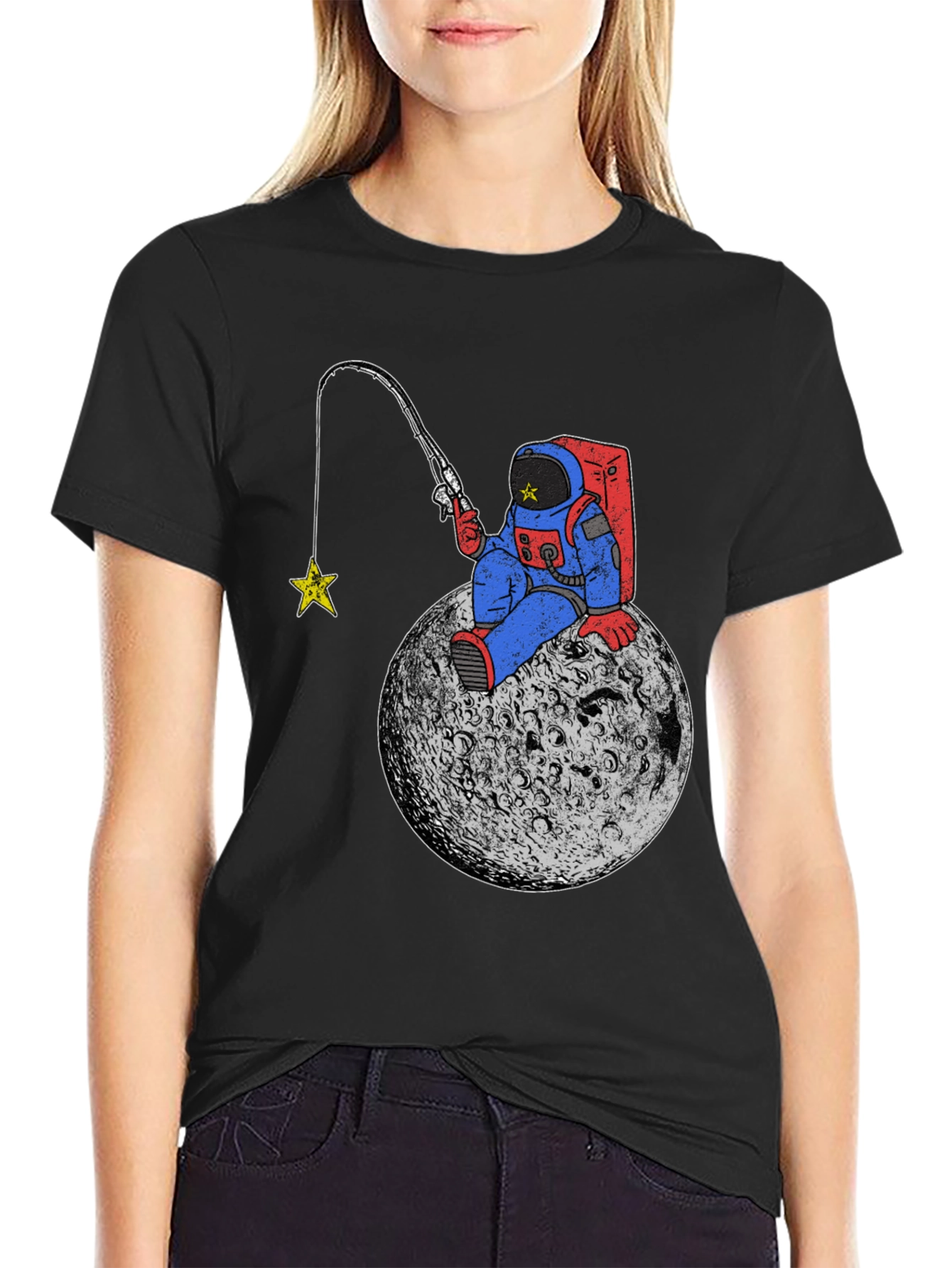Astronaut Fishing for Stars Black T-Shirt