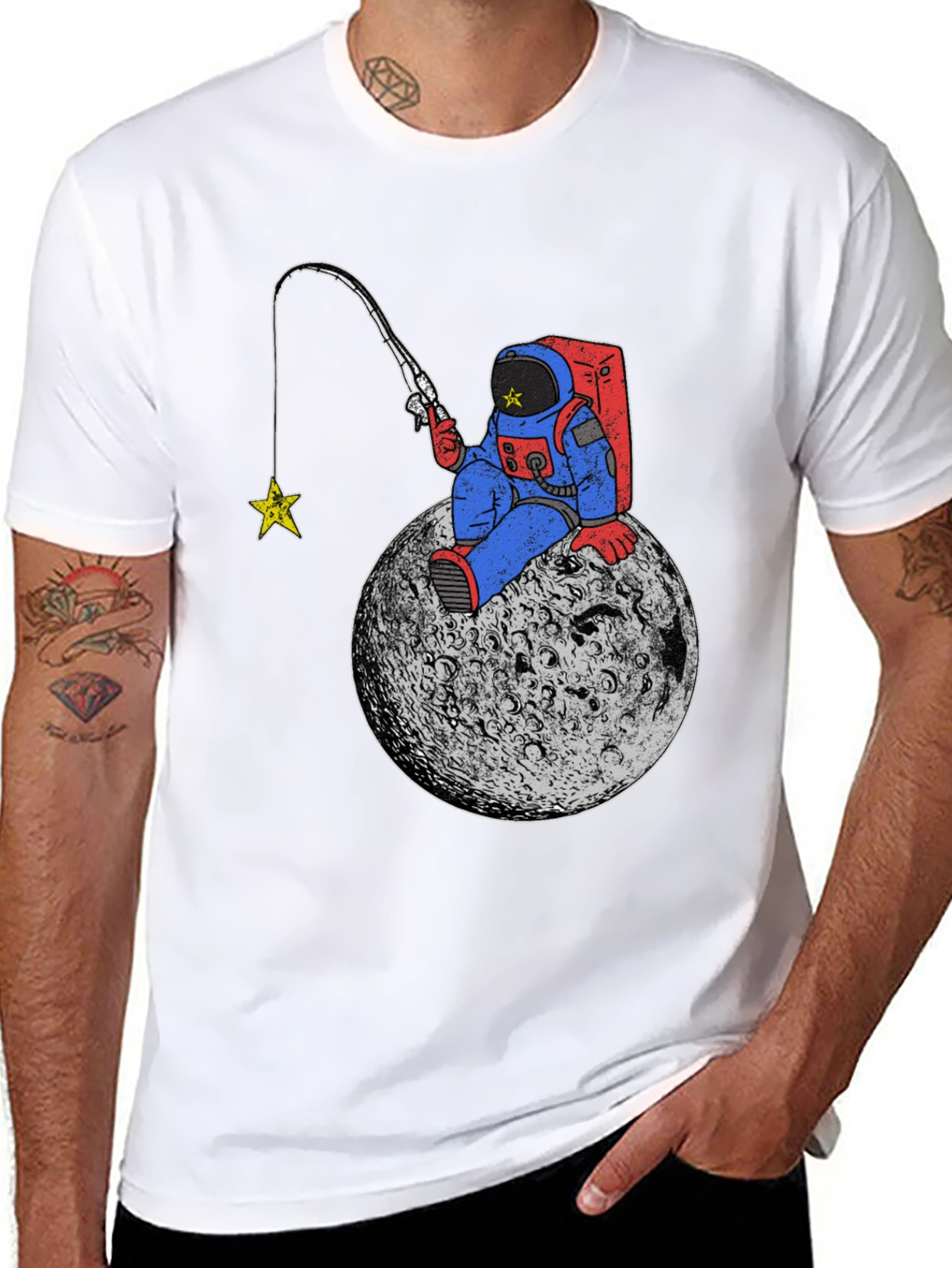 Astronaut Fishing for Stars Black T-Shirt