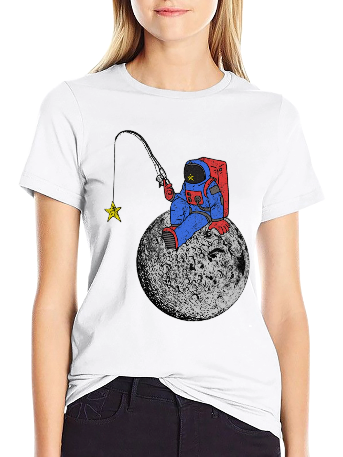 Astronaut Fishing for Stars Black T-Shirt