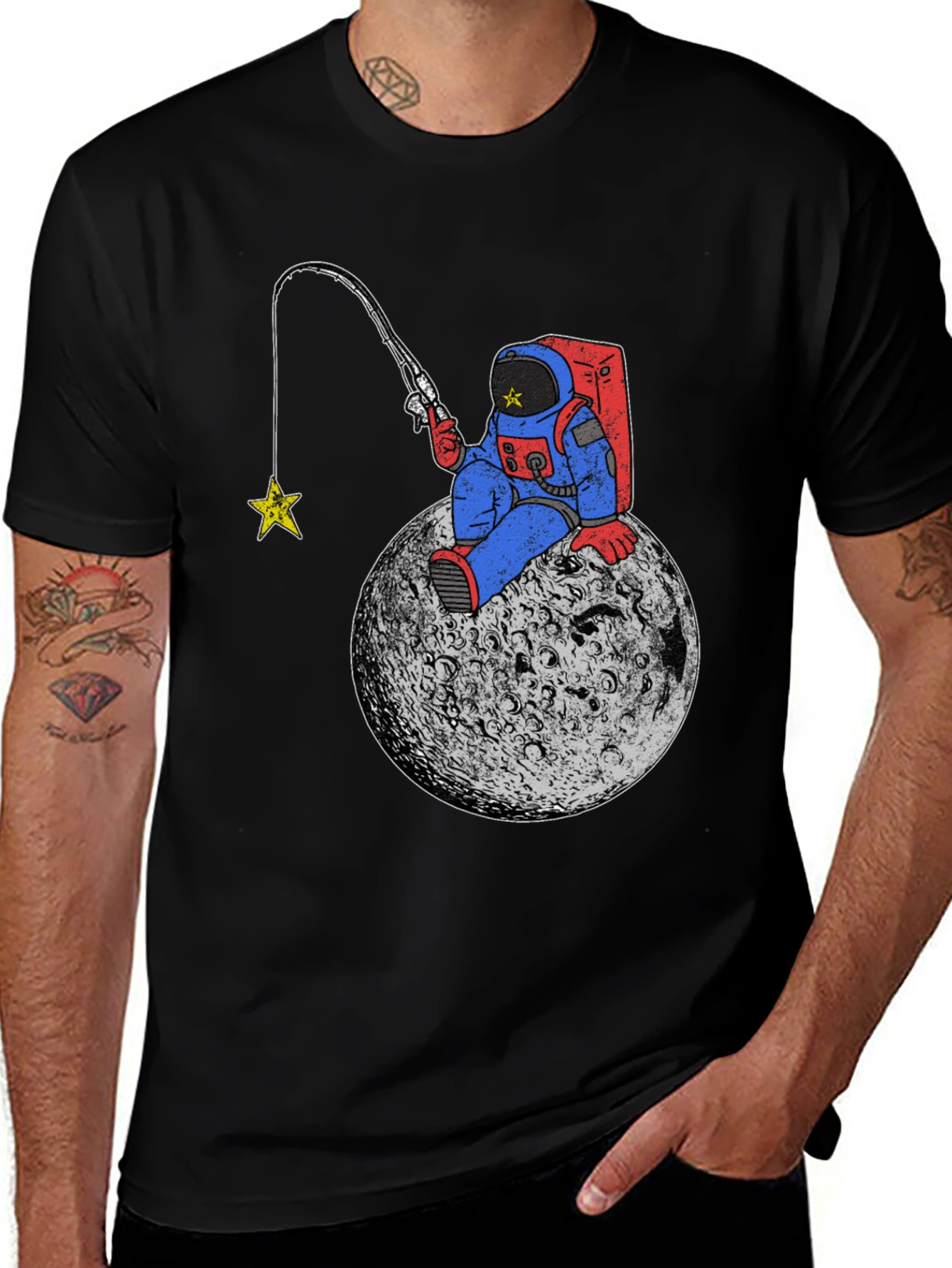 Astronaut Fishing for Stars Black T-Shirt