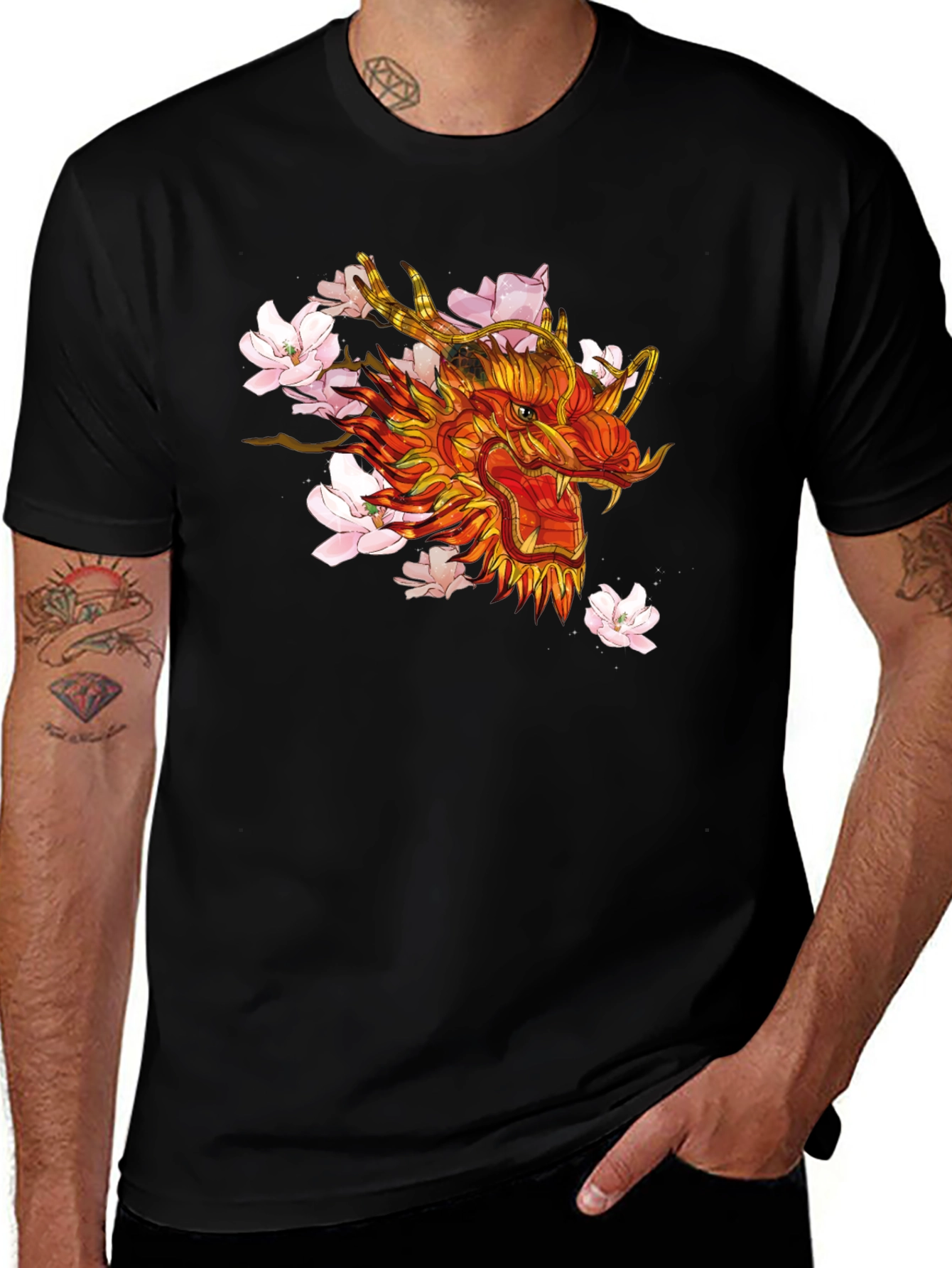 Dragon & Cherry Blossom Graphic Black T-Shirt