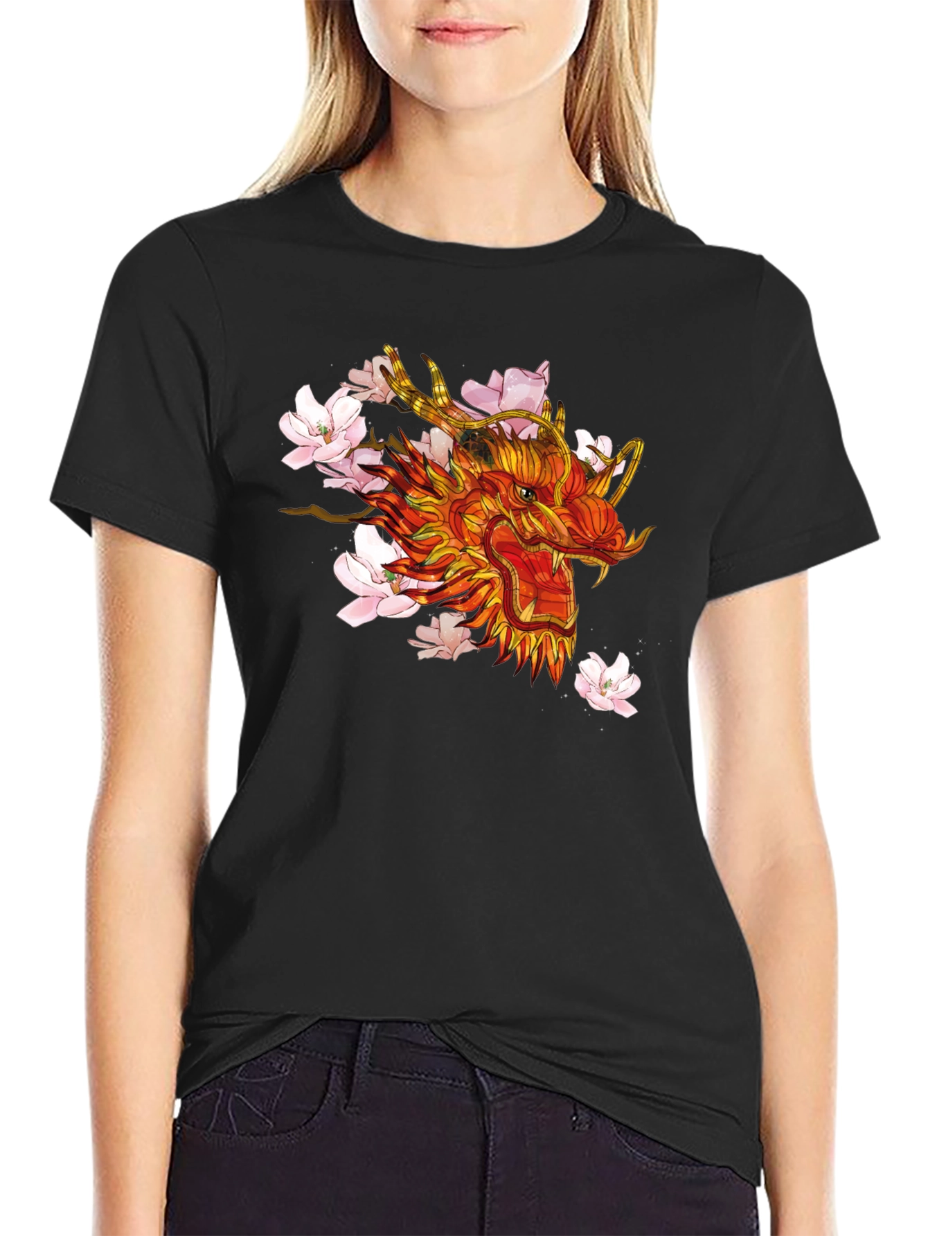Dragon & Cherry Blossom Graphic Black T-Shirt