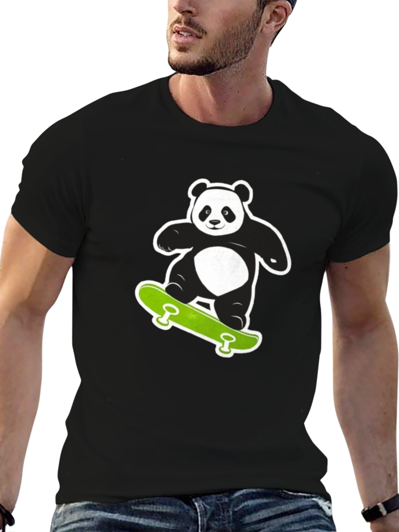Cool Panda on Skateboard Black T-Shirt