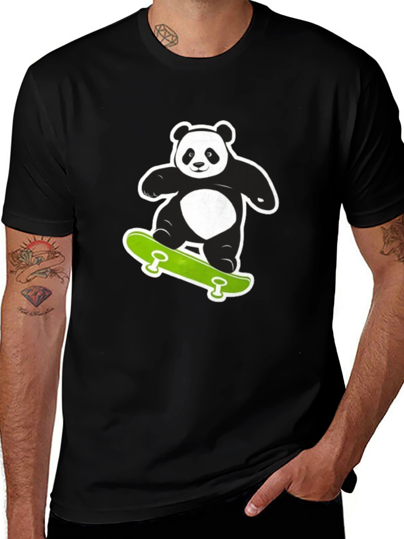 Cool Panda on Skateboard Black T-Shirt