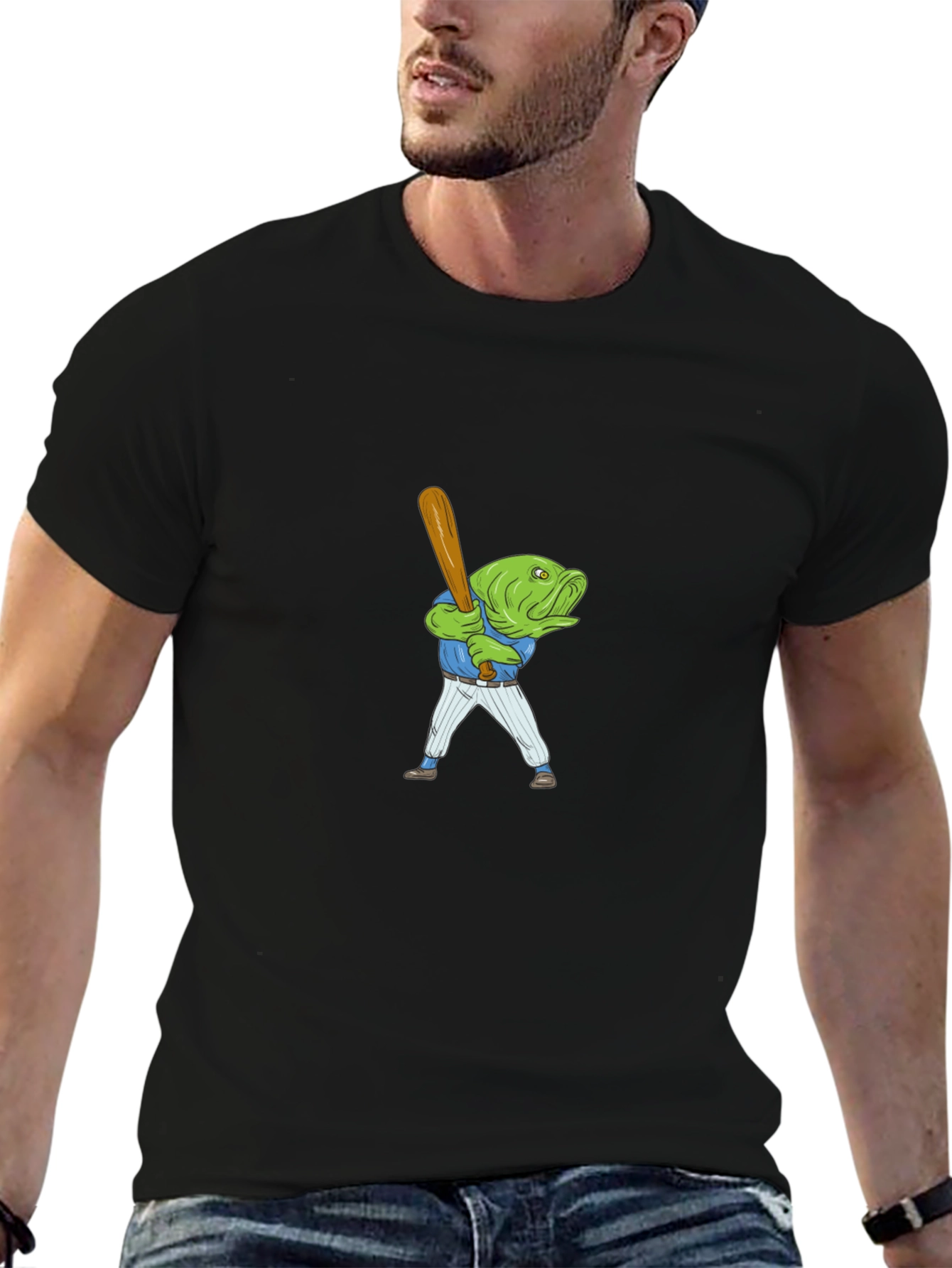 Fish Baseball Player Black T-Shirt
