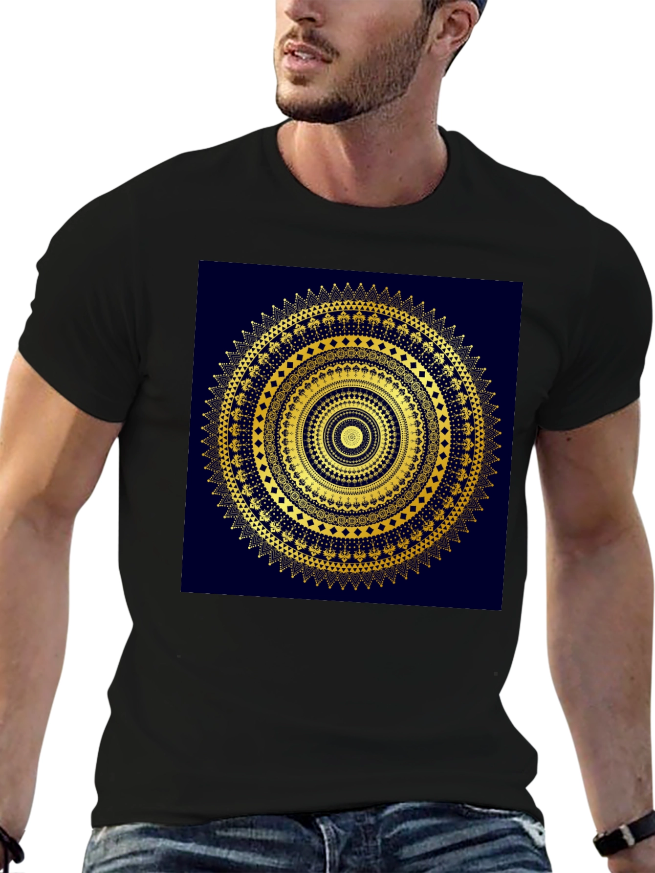 Gold Mandala Design Black T-Shirt