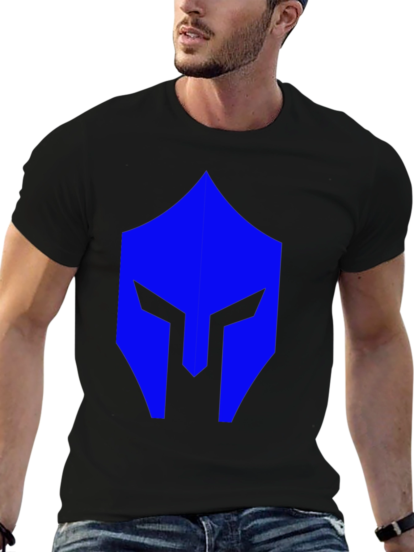 Blue Spartan Helmet Graphic Black T-Shirt