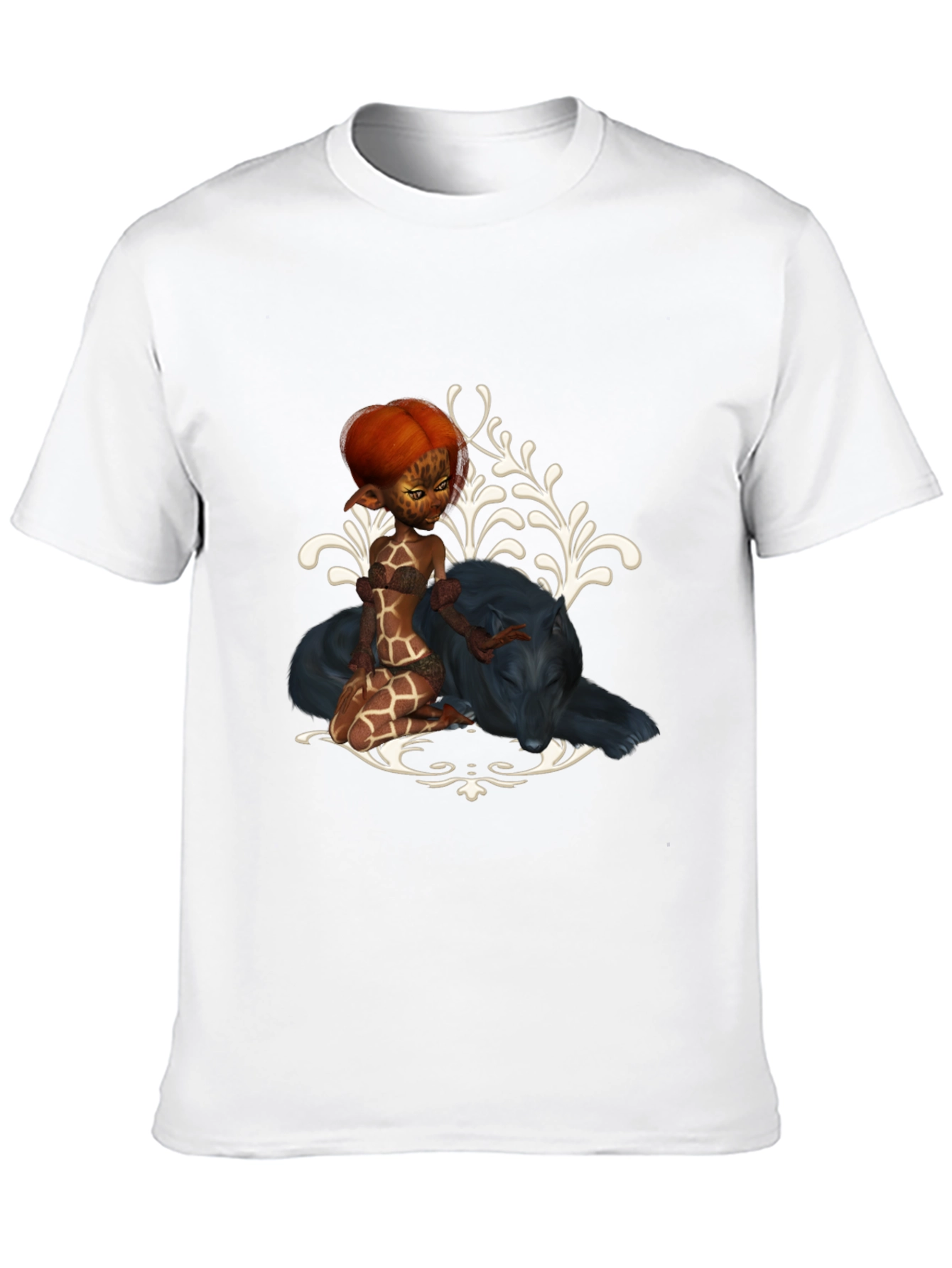 Fantasy Black T-Shirt with Giraffe Fairy & Panther Design