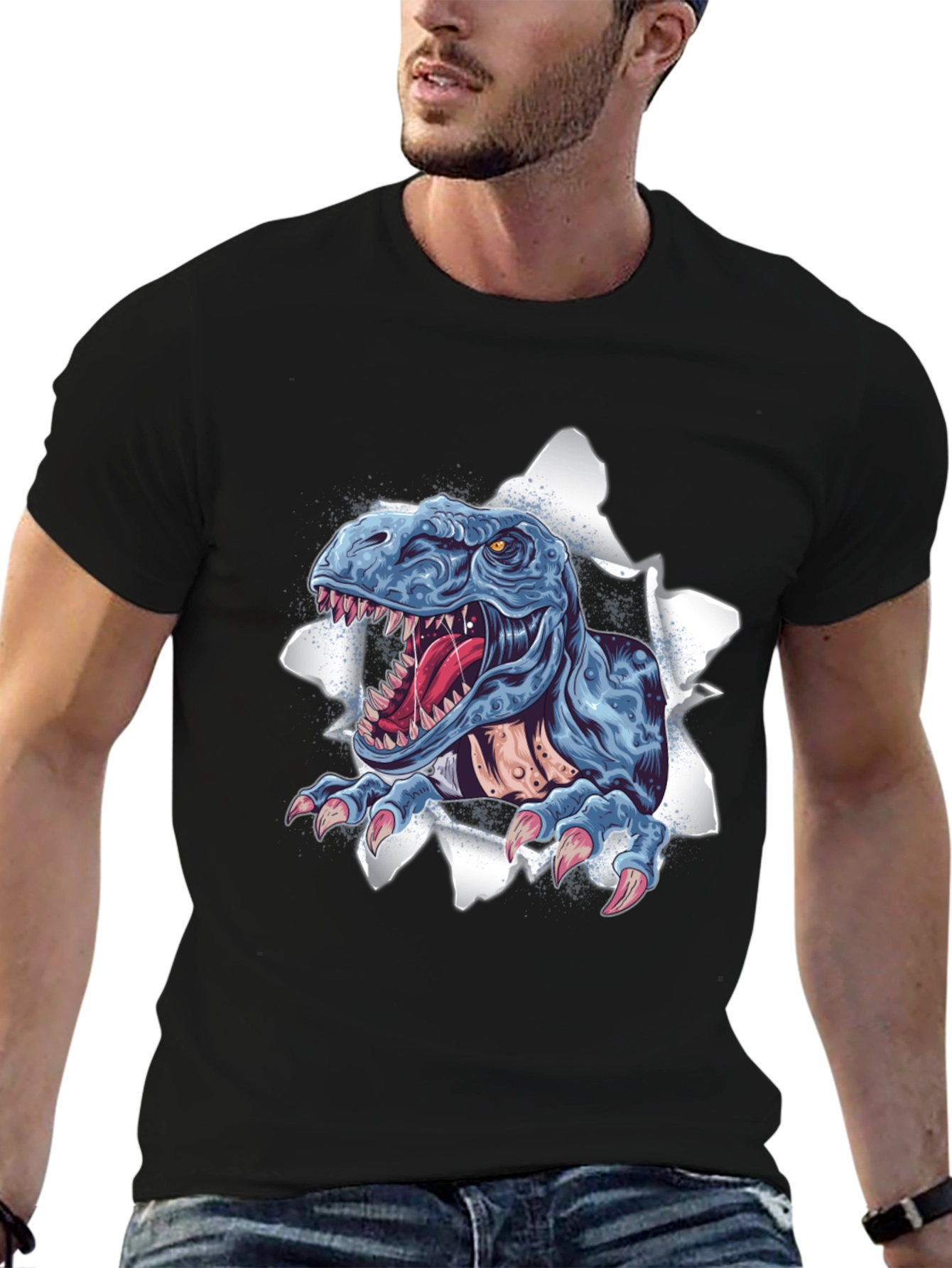 T-Rex Ripping Through Black T-Shirt