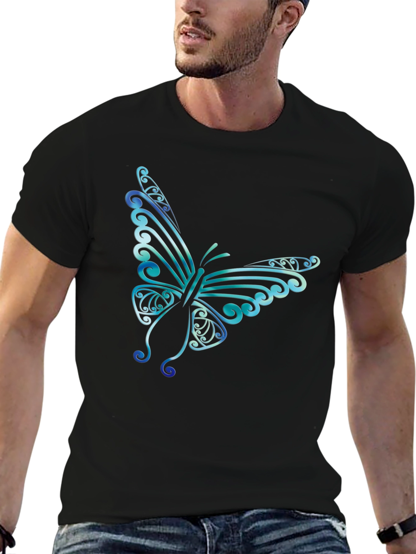 Butterfly Graphic Print Mens Black T-Shirt