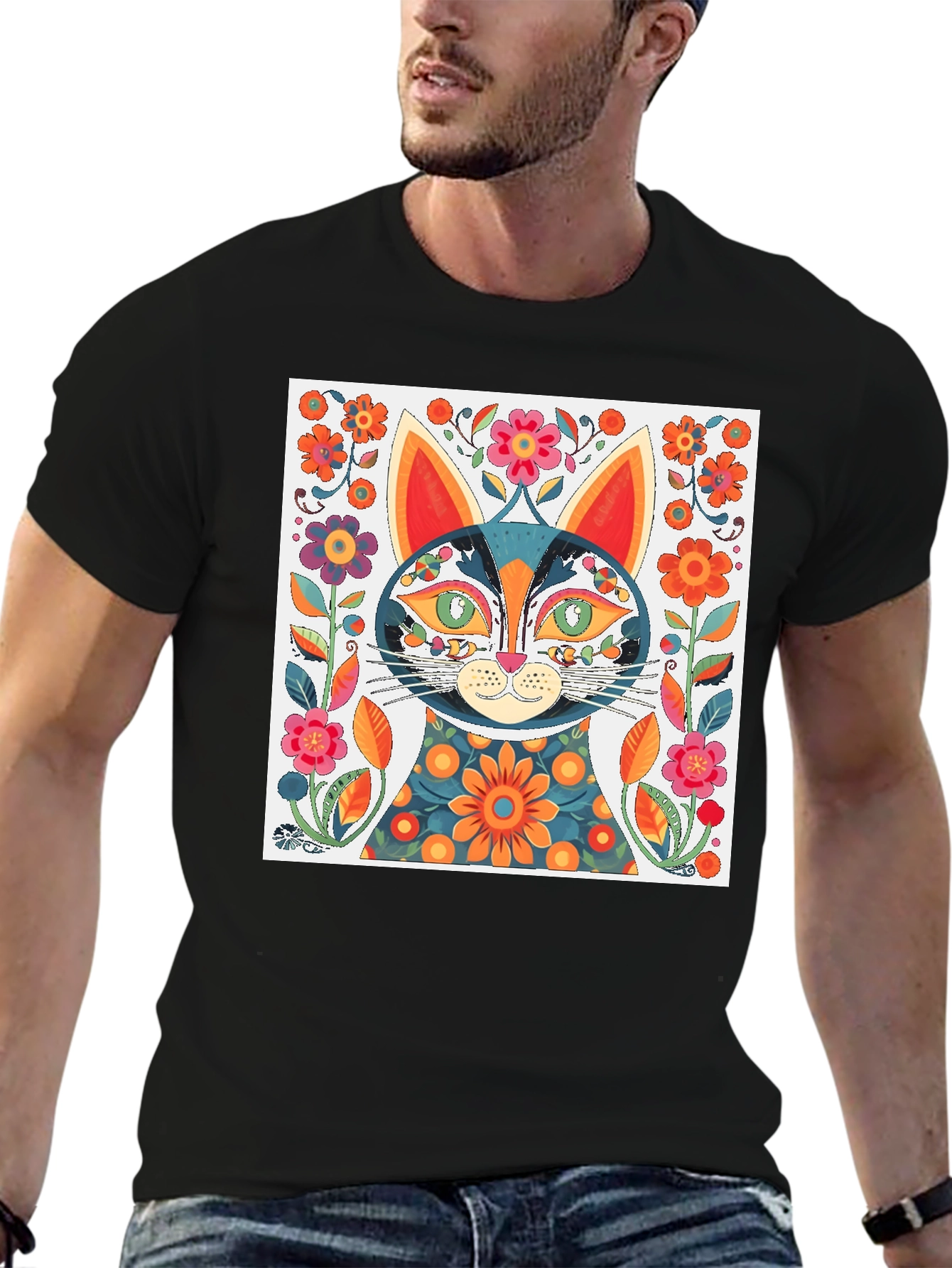 Whimsical Floral Cat Graphic Tee
