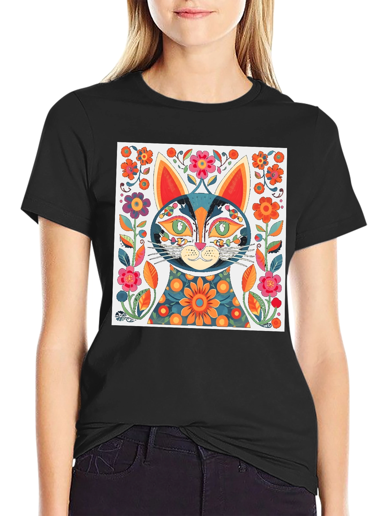 Whimsical Floral Cat Graphic Tee