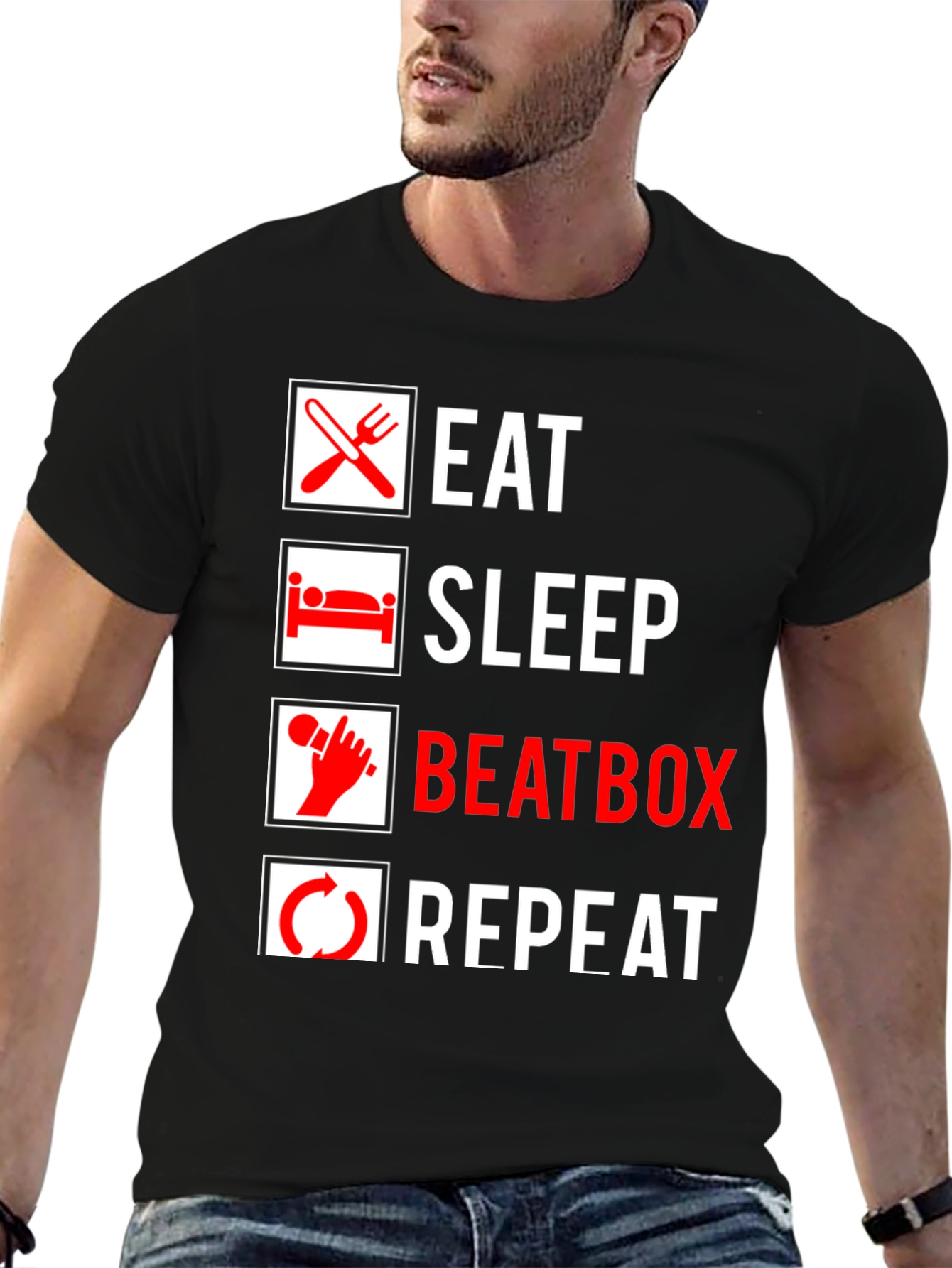 Eat Sleep Beatbox Repeat Black Graphic T-Shirt
