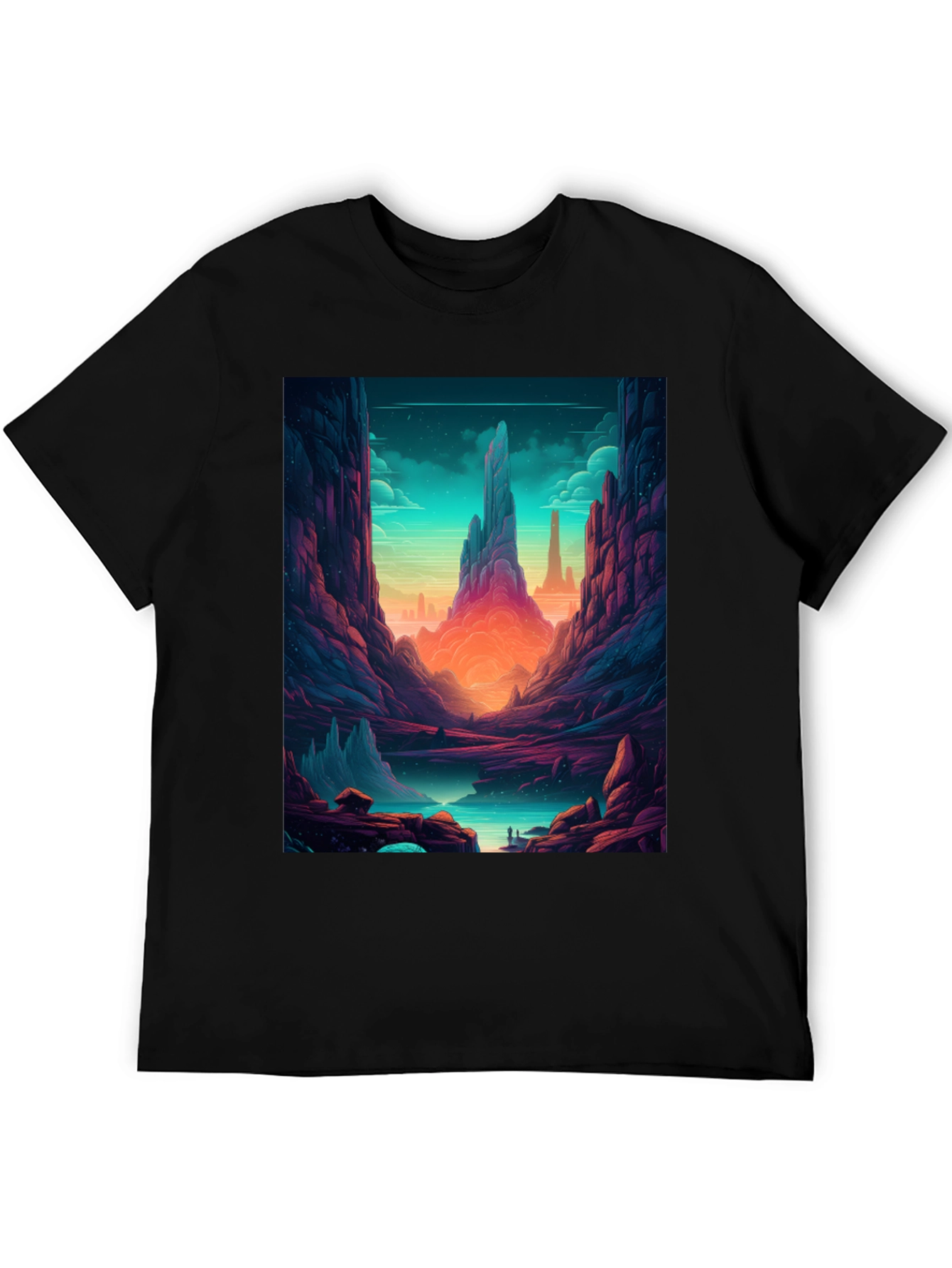 Fantasy Landscape Graphic Tee - Black Cotton Shirt