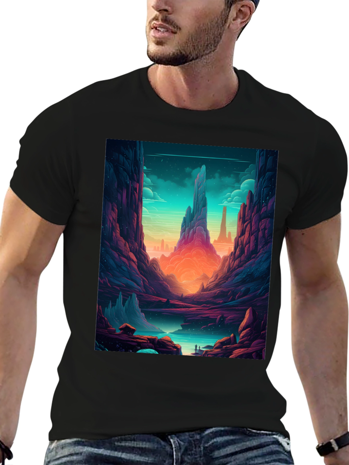 Fantasy Landscape Graphic Tee - Black Cotton Shirt