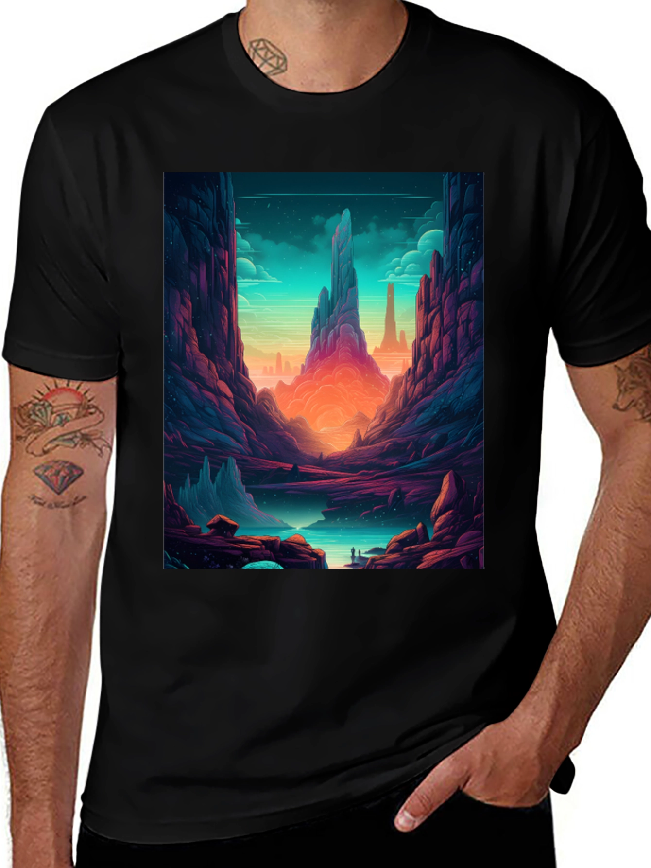 Fantasy Landscape Graphic Tee - Black Cotton Shirt