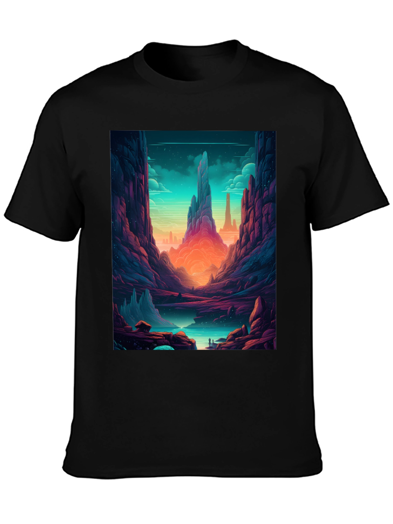 Fantasy Landscape Graphic Tee - Black Cotton Shirt