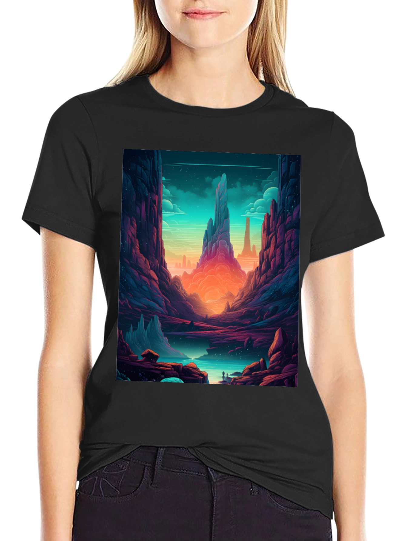 Fantasy Landscape Graphic Tee - Black Cotton Shirt