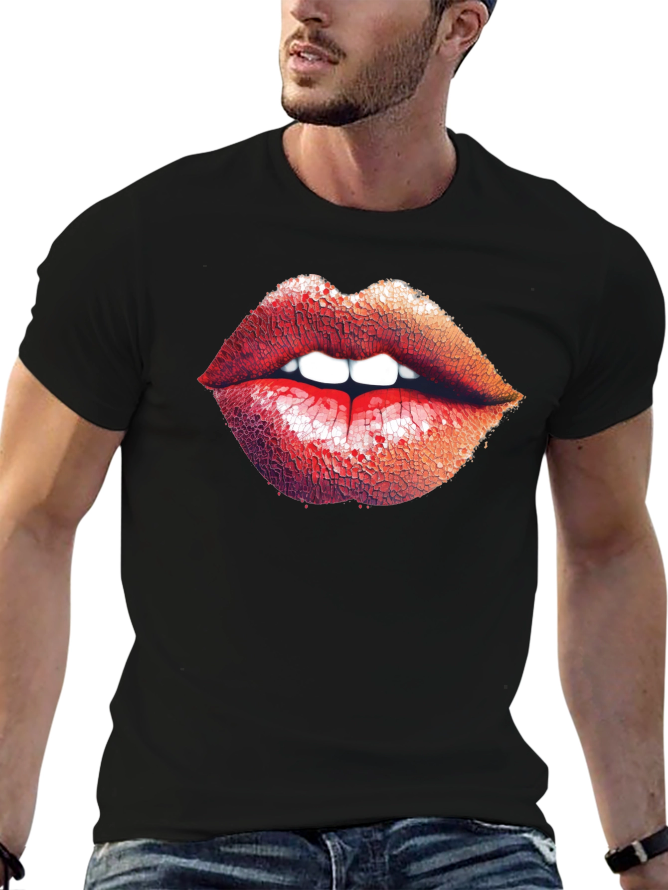 Bold Lips Graphic Print Black T-Shirt