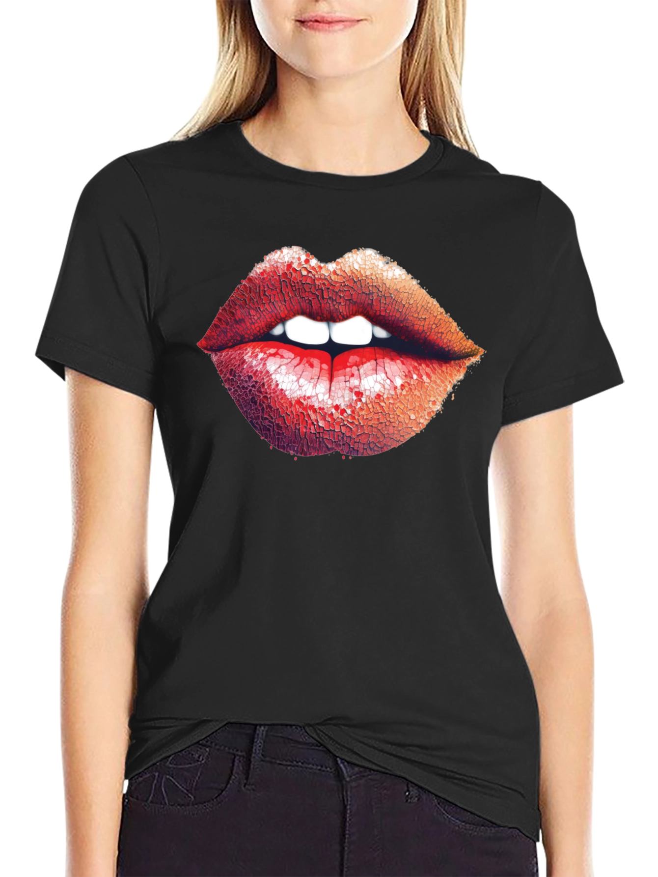 Bold Lips Graphic Print Black T-Shirt
