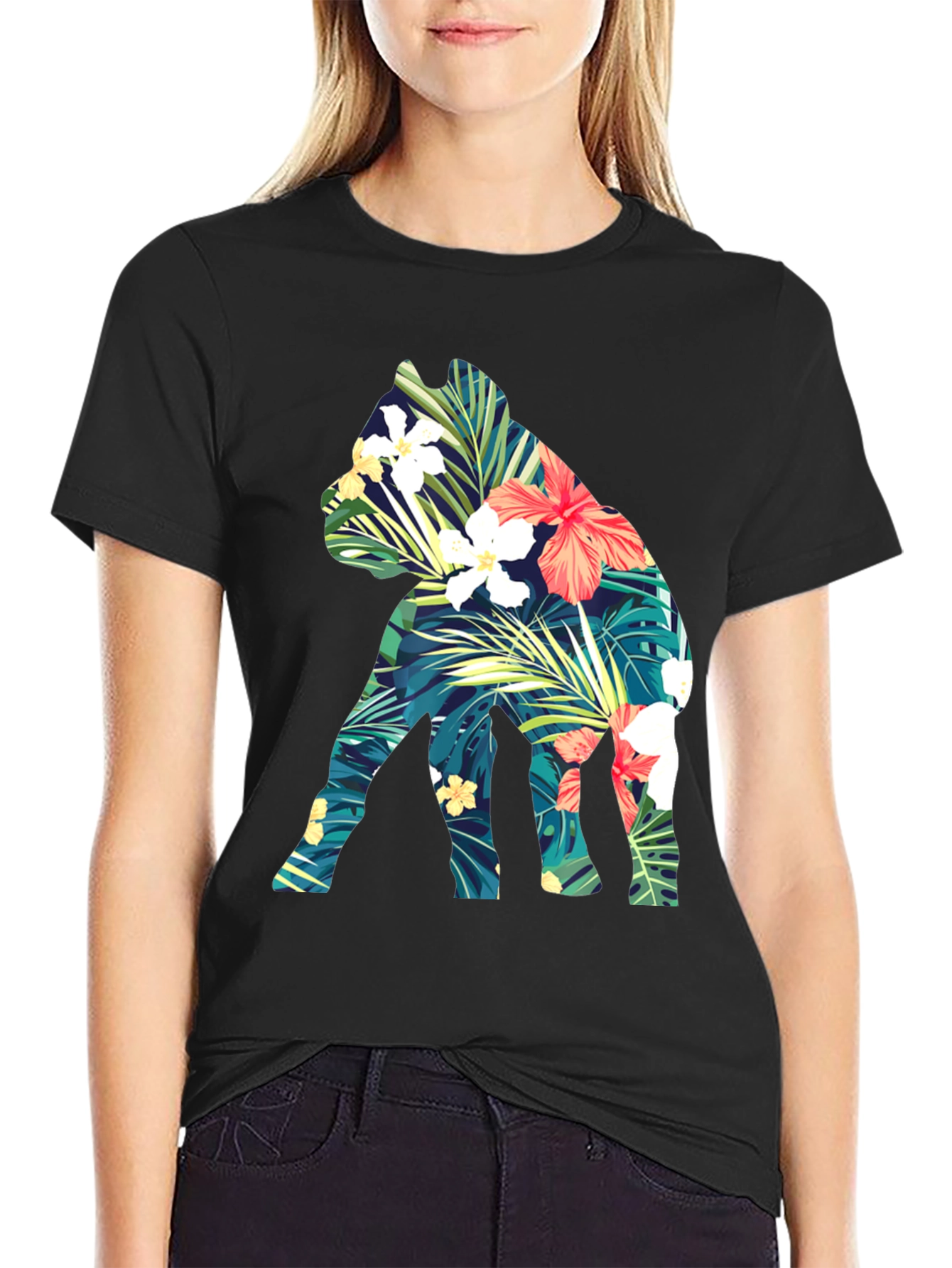 Floral Dog Print Black T-Shirt