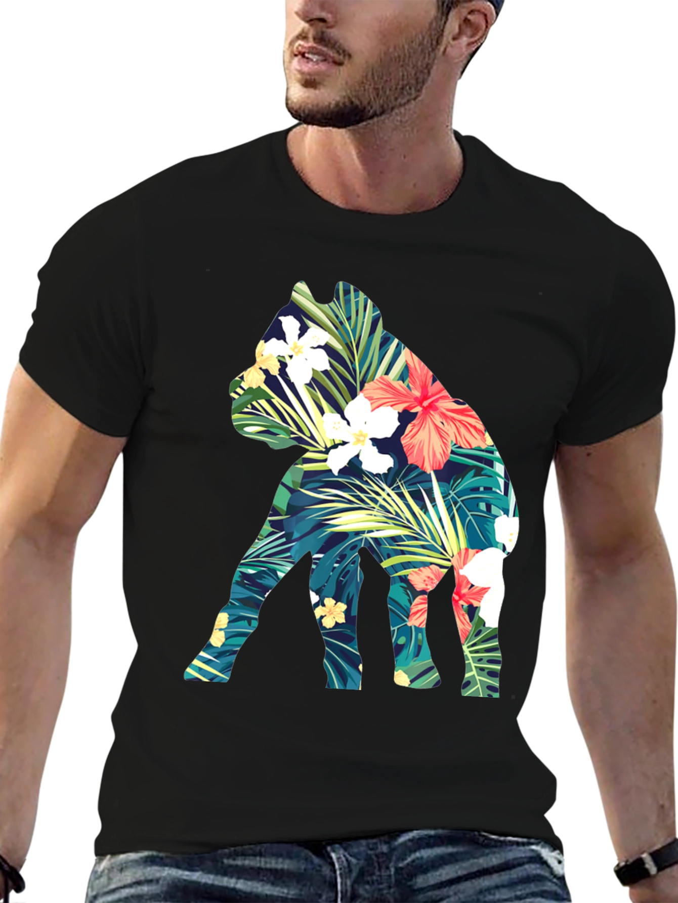 Floral Dog Print Black T-Shirt