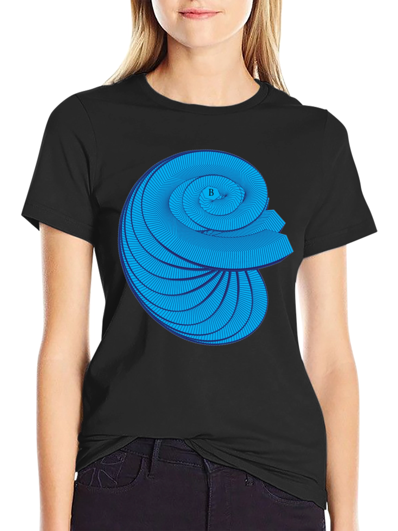 Geometric Blue Spiral Graphic Black T-Shirt