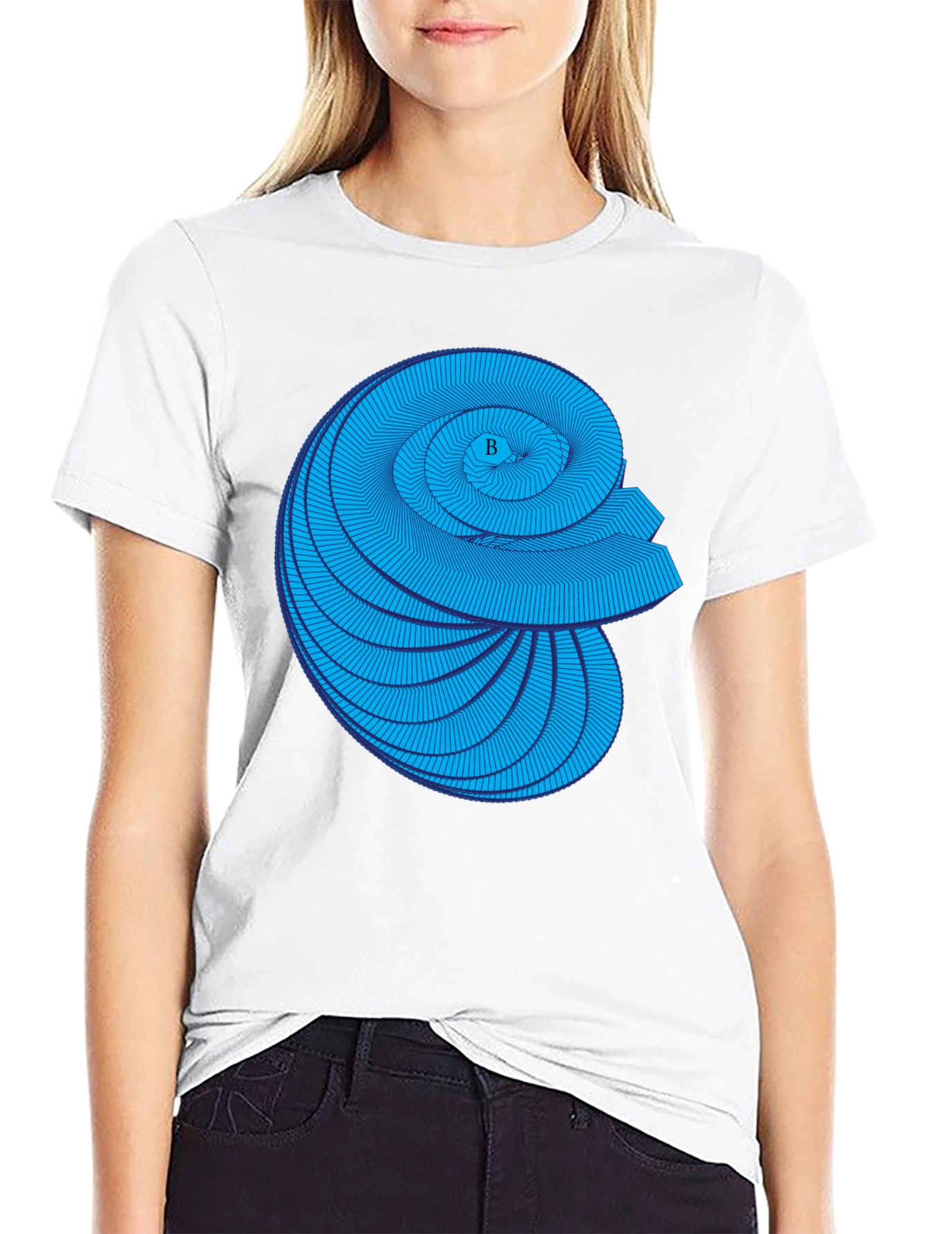 Geometric Blue Spiral Graphic Black T-Shirt