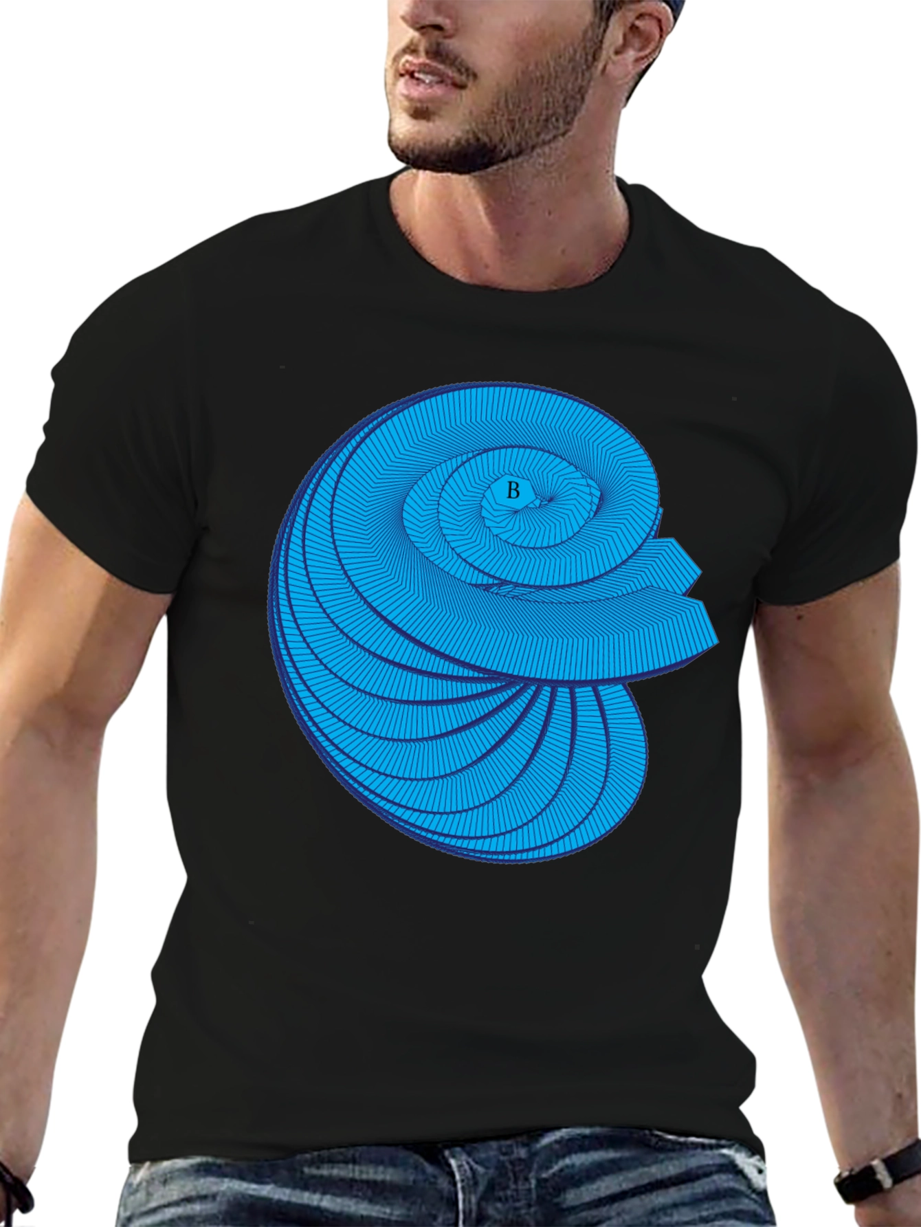Geometric Blue Spiral Graphic Black T-Shirt