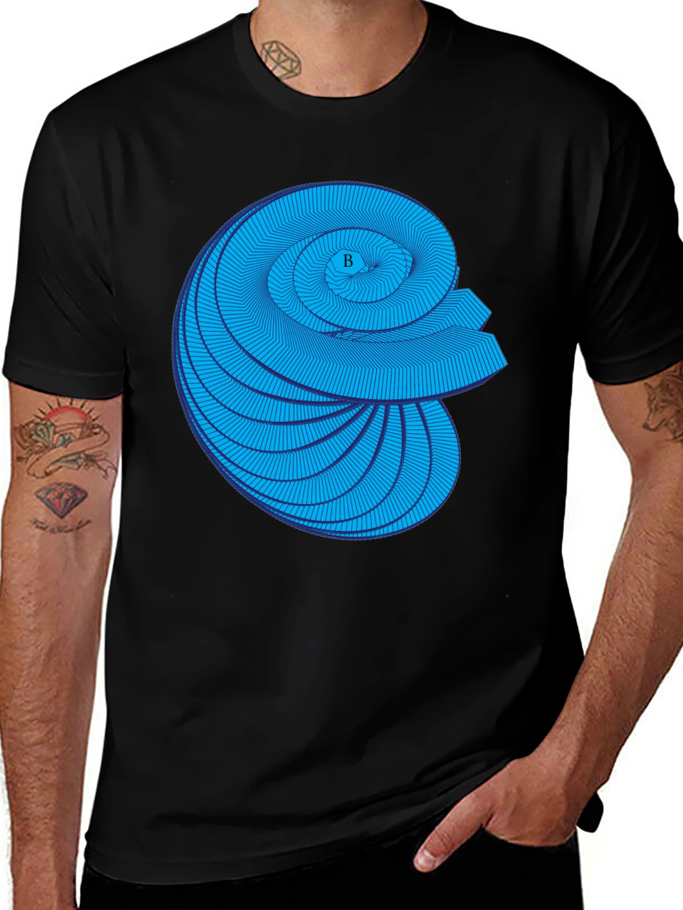 Geometric Blue Spiral Graphic Black T-Shirt