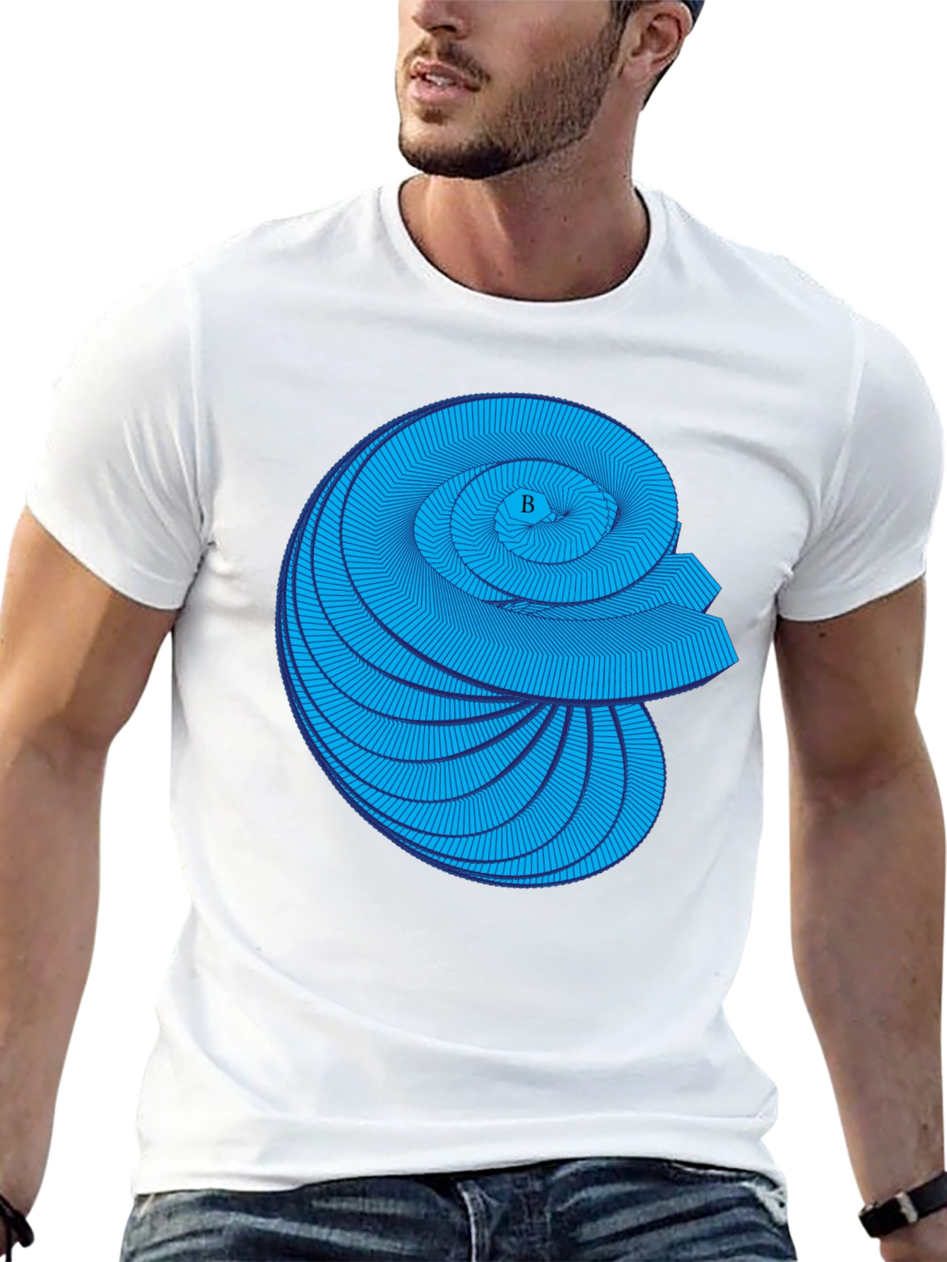 Geometric Blue Spiral Graphic Black T-Shirt