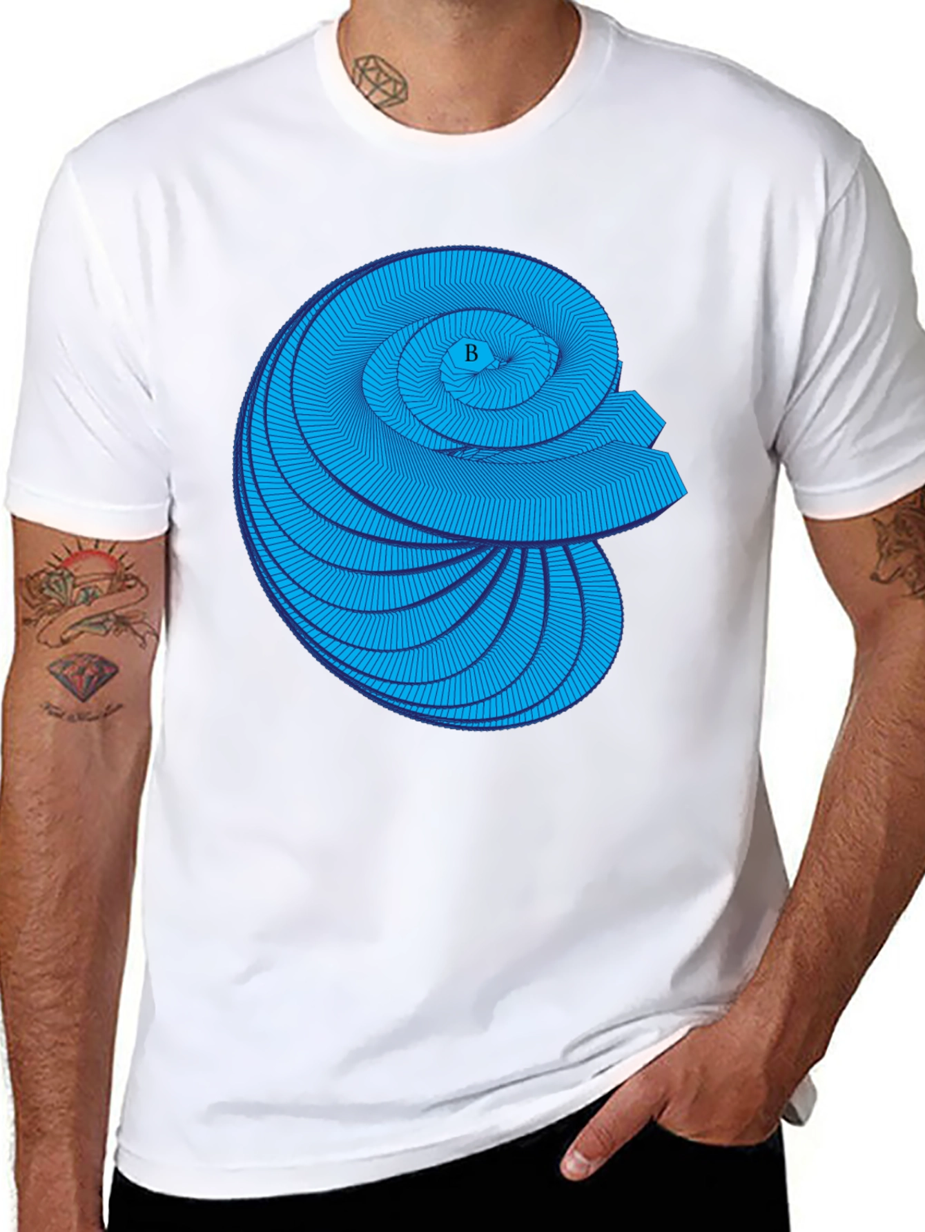 Geometric Blue Spiral Graphic Black T-Shirt