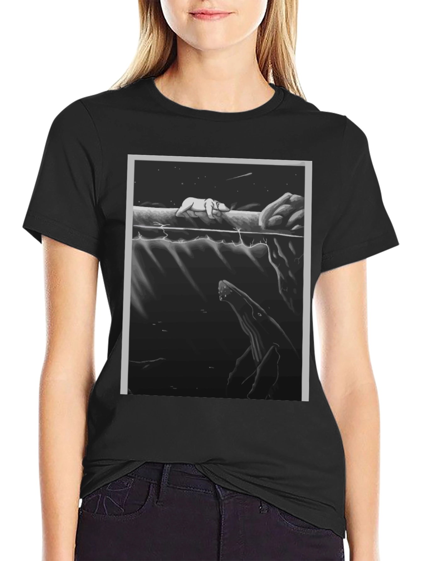Black Graphic Tee: Polar Bear & Whale