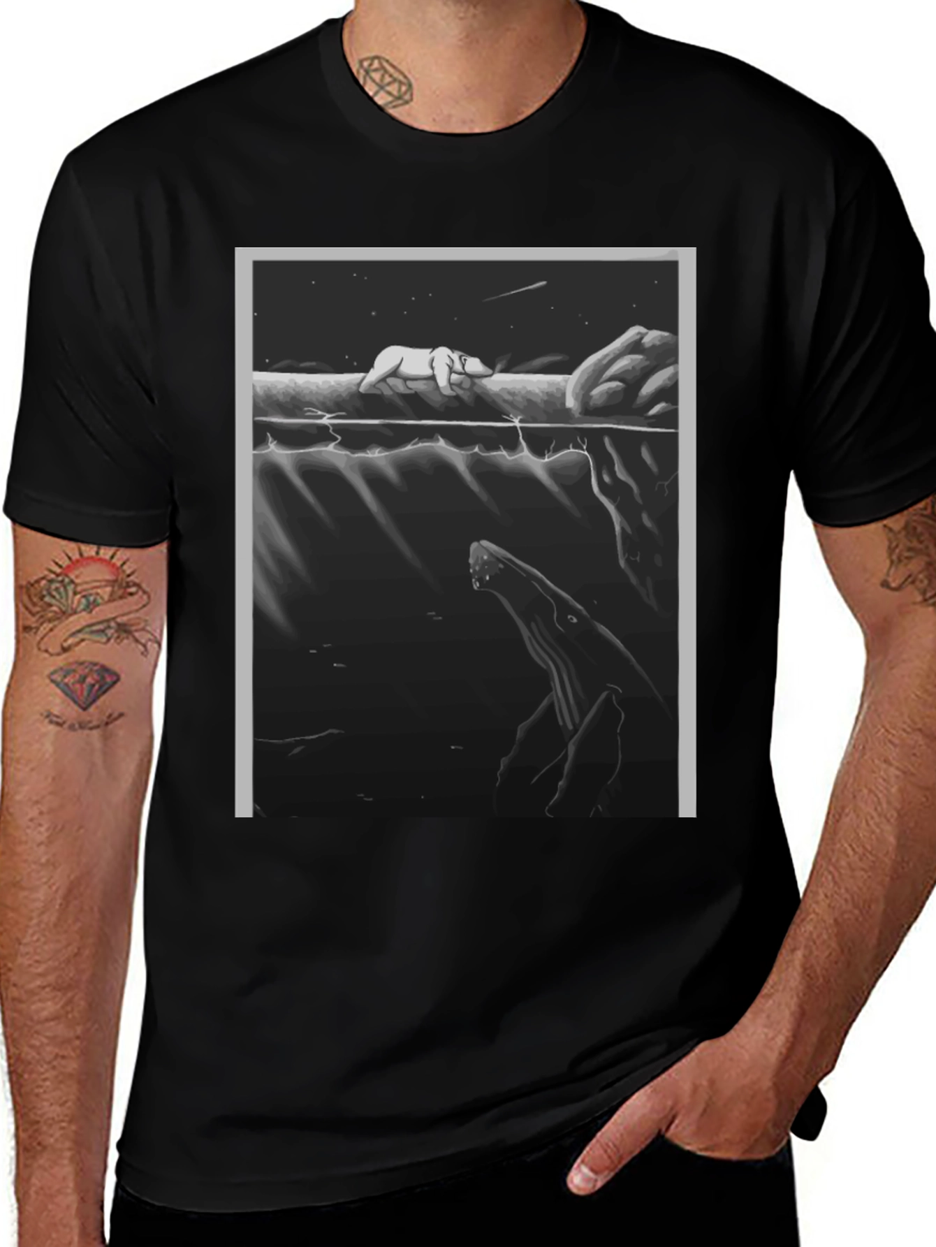Black Graphic Tee: Polar Bear & Whale