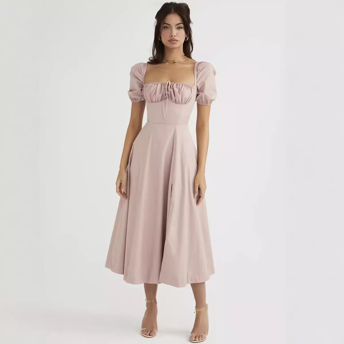 Women's square-neck pleated puff sleeve camisole dress