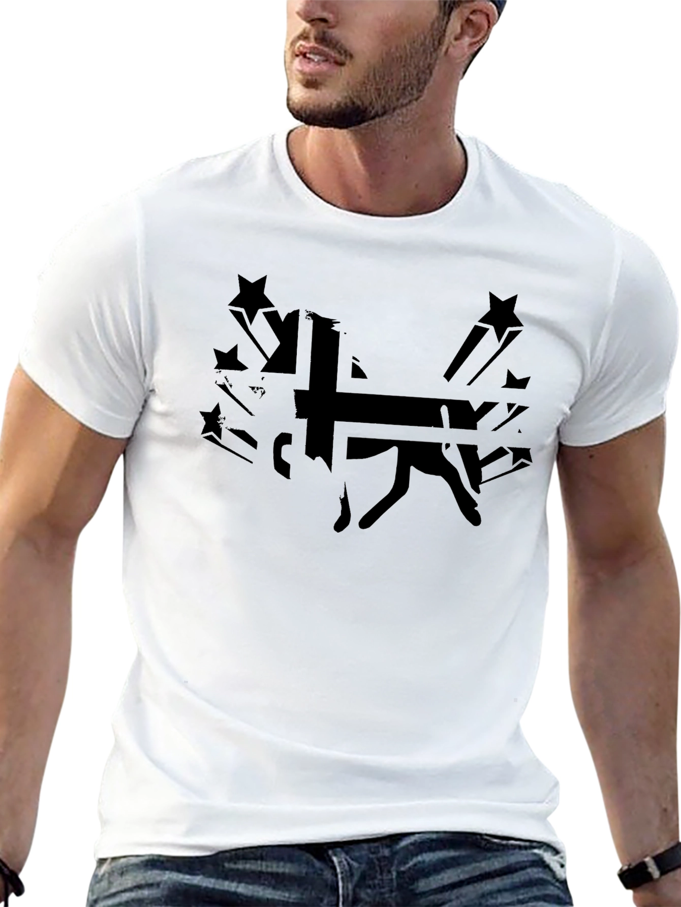 Black Graphic Tee - Silhouette Dog and Stars