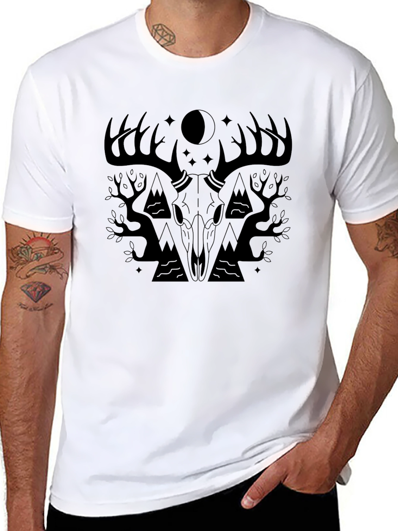 Mens Black T-Shirt with Deer Skull Graphic