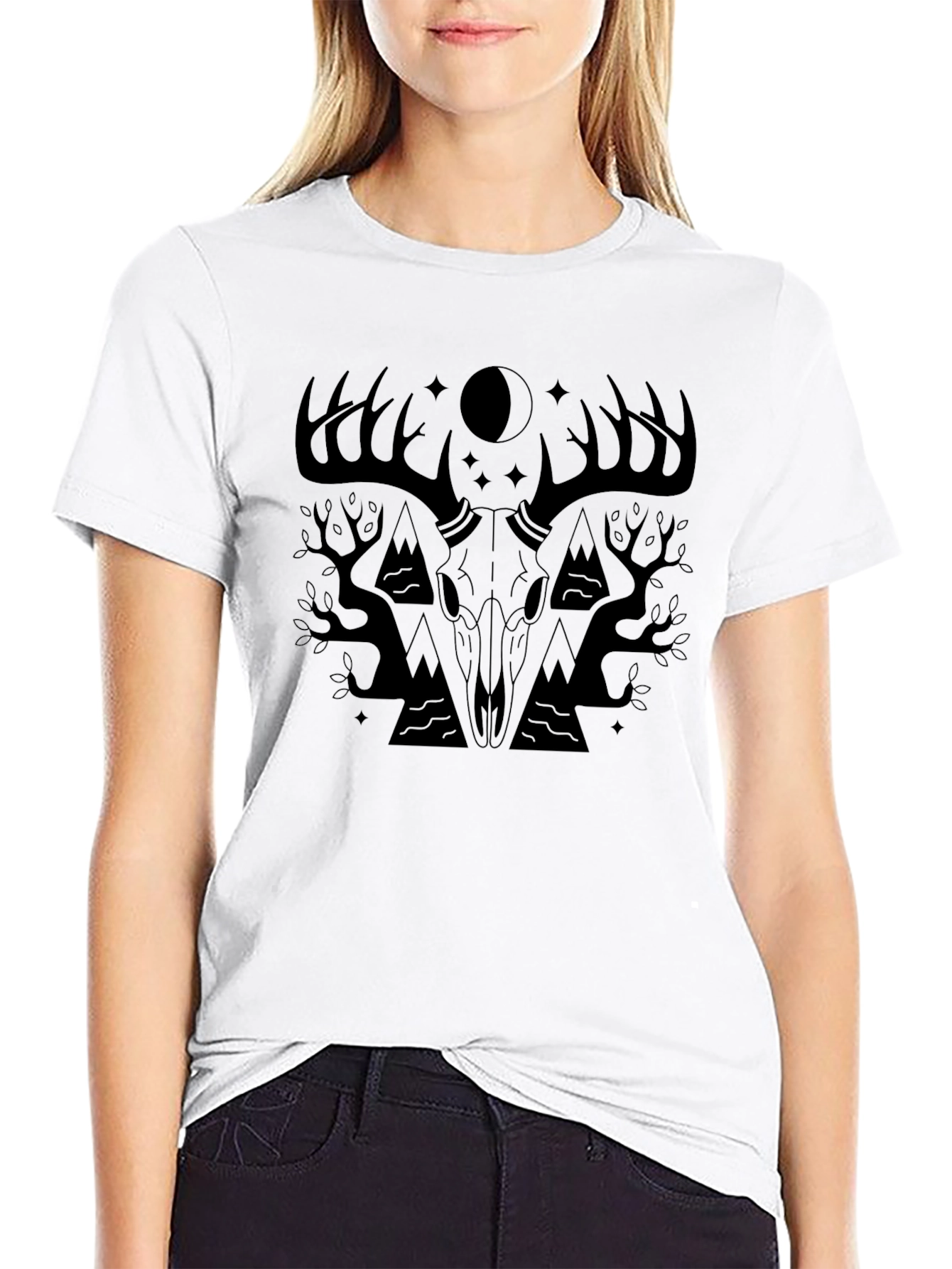Mens Black T-Shirt with Deer Skull Graphic