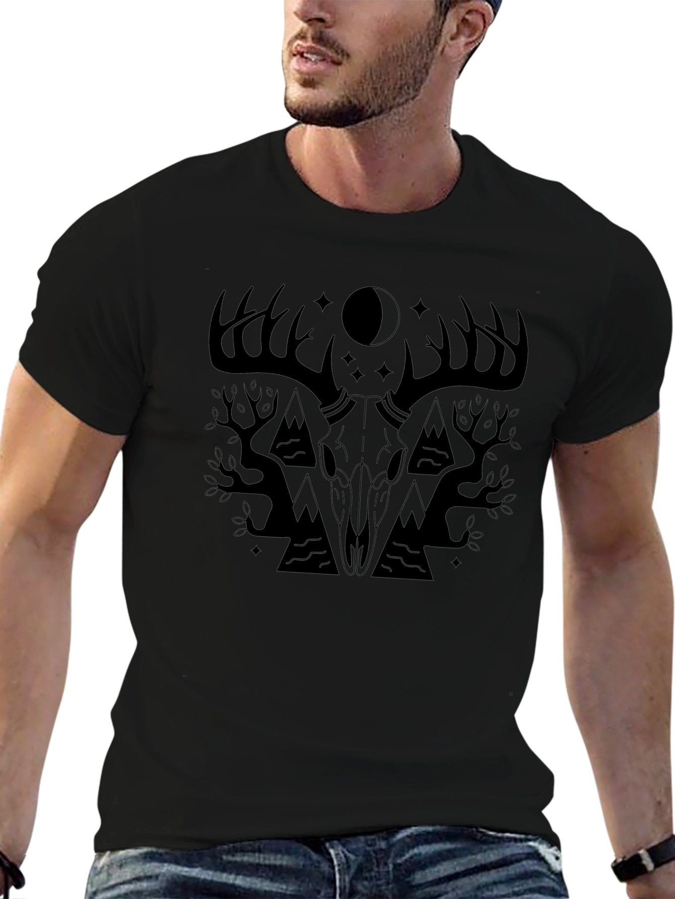 Mens Black T-Shirt with Deer Skull Graphic
