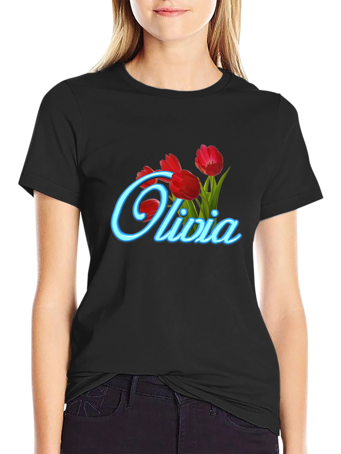 Olivia Tulip Personalized Black T-Shirt