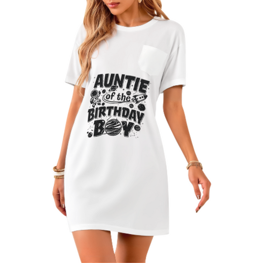 Auntie of the Birthday Boy Space Theme T-Shirt Dress | Fun Family Birthday Party Graphic Tee Dress for Women(z926)