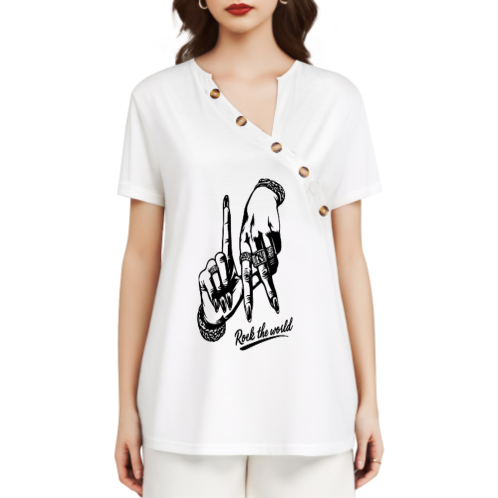 Rock The World Hand Sign Graphic Tee – Edgy Streetwear Statement Shirt(z954)