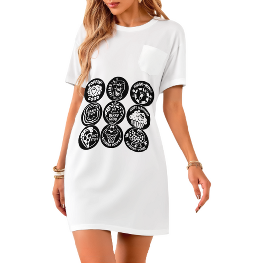 Retro Snack Badge Graphic T-Shirt Dress | Cute Food Lover Collage Tee Dress with Vintage Cartoon Style(z927)