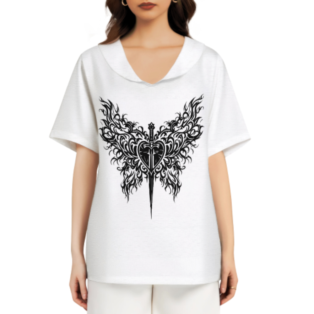 Gothic Heart & Sword Winged Emblem T-Shirt Dress | Dark Alternative Fantasy Graphic Tee Dress(z934)