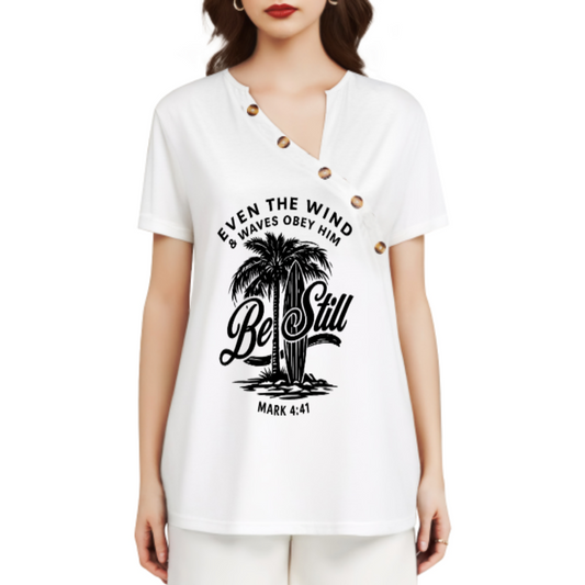 Be Still Christian Beach Graphic Tee – Mark 4:41 Faith Inspired Coastal Shirt(z956)