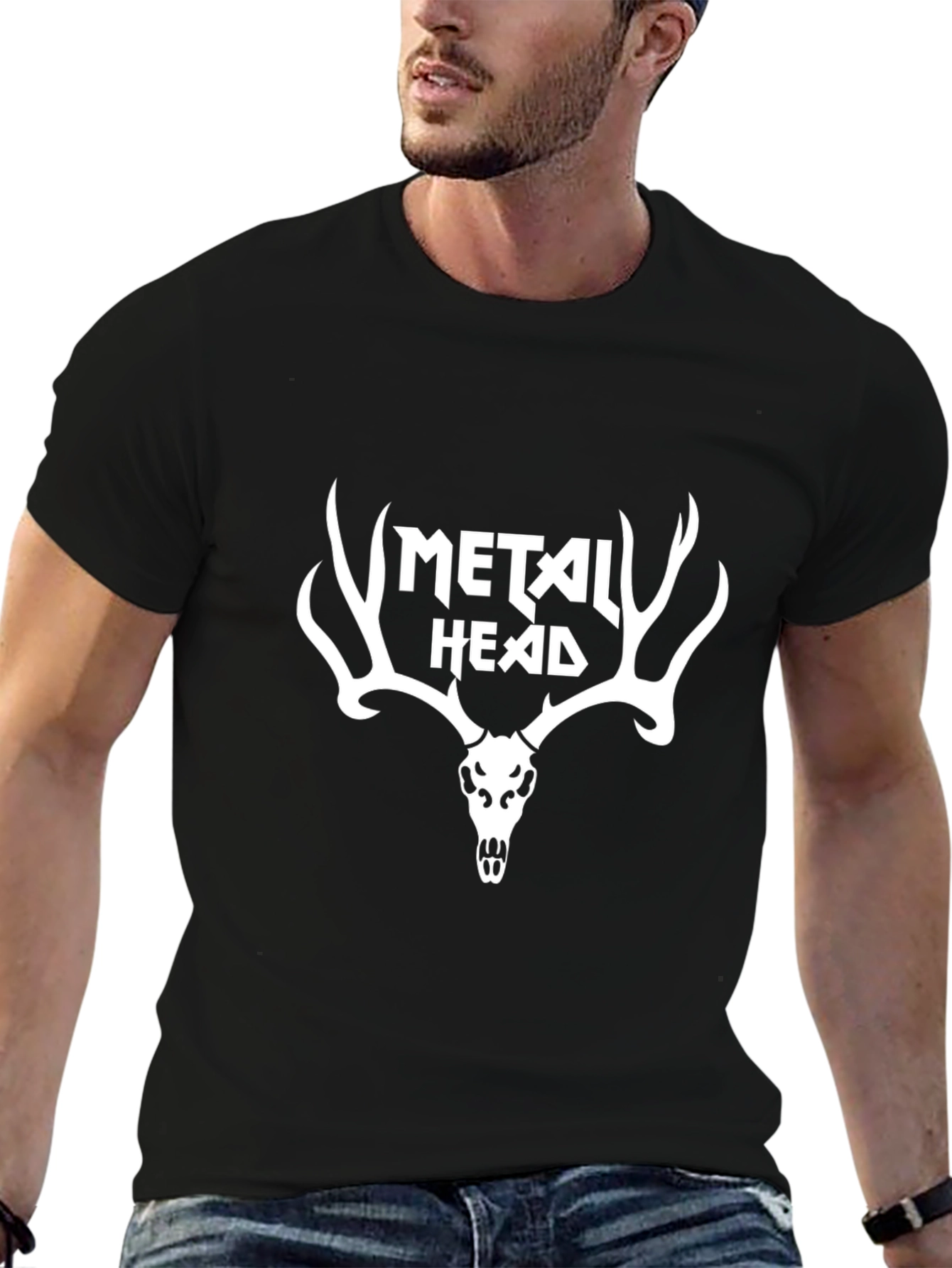 Metal Head Graphic T-Shirt - Antler Skull Design