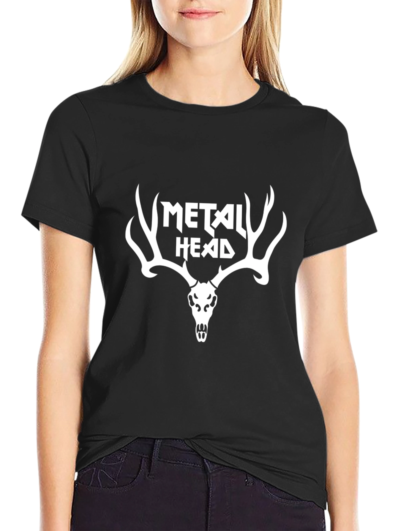Metal Head Graphic T-Shirt - Antler Skull Design