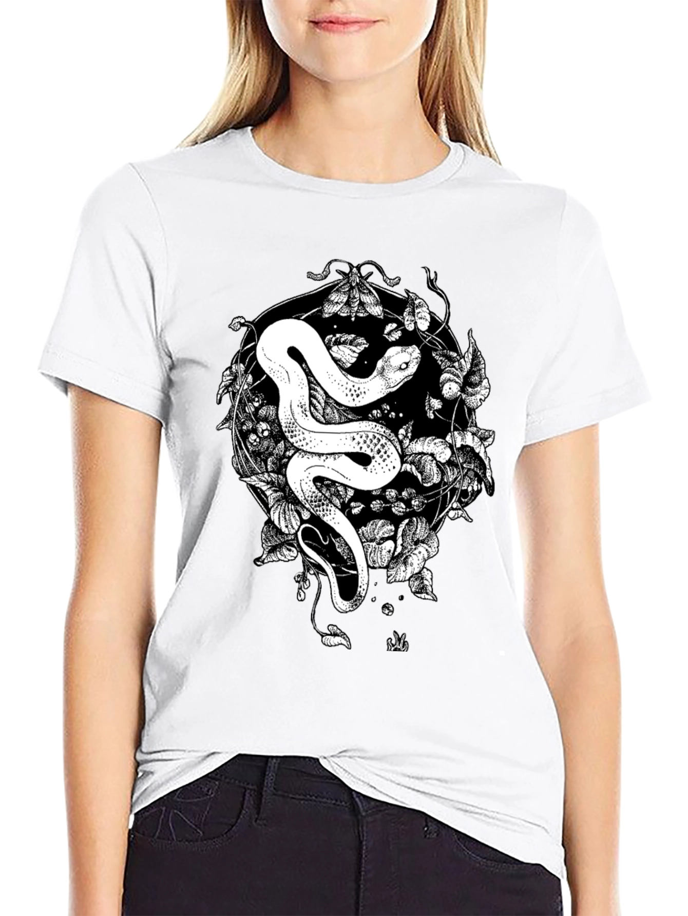 Snake & Moth Graphic Tee - Stylish Black T-Shirt