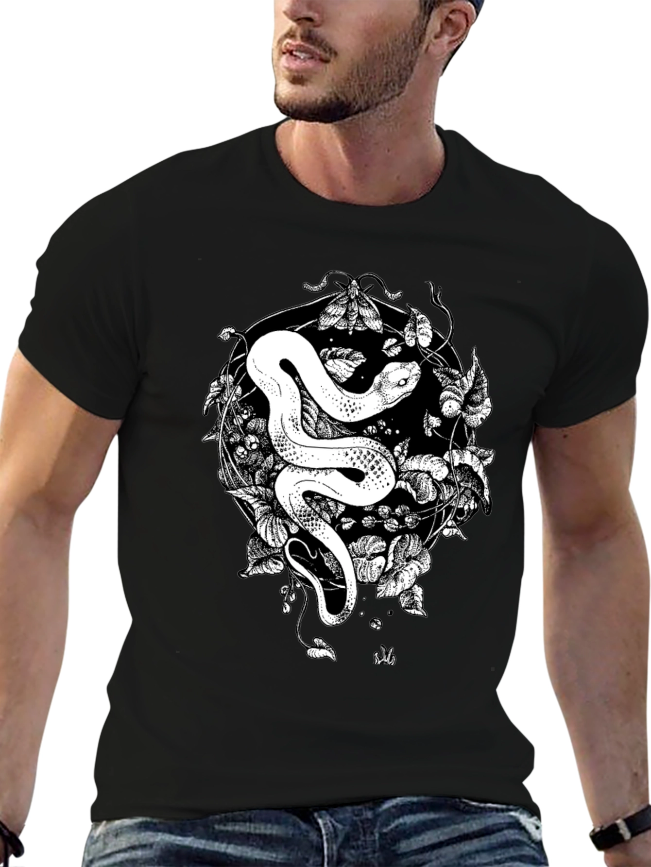 Snake & Moth Graphic Tee - Stylish Black T-Shirt